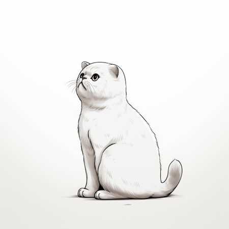 "scottish fold in profile: a minimalist, hand-drawn image of a full-bodied scottish fold cat, looking directly at the viewer with distinctive folded ears. clean black lines pop against a pure white background.", ai generatedの素材
