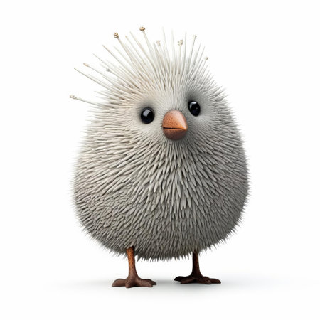 "evgeni gordiets, clemens ascher, didier lourenco-inspired bird figurine showcases inventive character designs on a white isolated background. full body view reveals spiky mounds in close-up.", ai generatedの素材