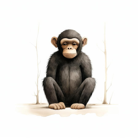 "experience the unique chimp art by jon klassen, showcasing a full-bodied chimpanzee against a clean, white backdrop. a striking, isolated image perfect for art enthusiasts.", ai generatedの素材