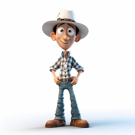 this 3d render features a cartoon version of an adult j, depicted in a full body stance against a white backdrop. the character dons a hat, adding a playful touch to the overall design. ai generatedの素材