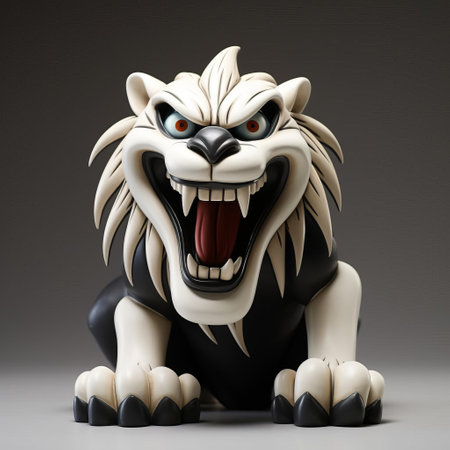 a lion with prominent teeth features in this black and white photo, reminiscent of the bendy-limbed cartoon characters from 1920s-1930s disney and fleischer studios. ai generatedの素材