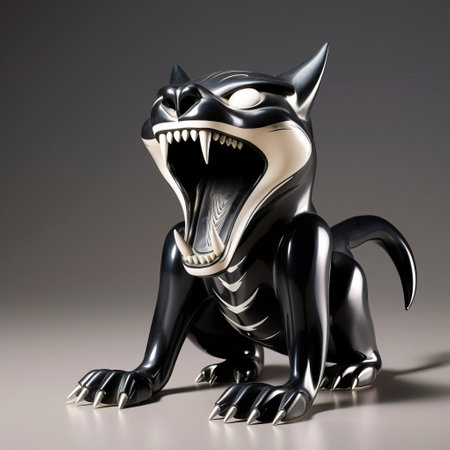 in the 1920s-1930s era, this black and white photograph showcases a unique panther figure with striking big teeth. its bendy limbs echo the cartoonish style of disney and fleischer studios' characters, making it a fascinating fusion of reality and animation. ai generatedの素材