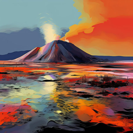 "experience a vibrant, crayon-style depiction of marsh plains from a volcano's viewpoint. this unique angle showcases the flat land's allure and the adjacent angels' presence, creating a captivating and serene landscape.", ai generatedの素材