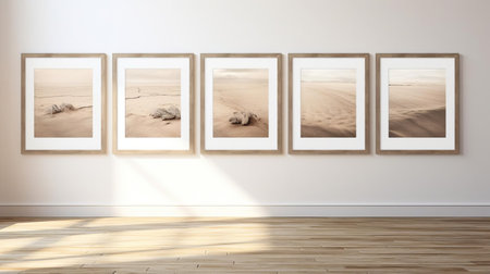 three empty picture frames cast playful shadows on a pristine white wood floor, capturing the essence of contemporary landscapes in soft, warm tones. this photo embraces the beauty of light and shadow, inspired by the organic compositions of the barbizon school and the masterful use of light in solarizing techniques. ai generatedの素材