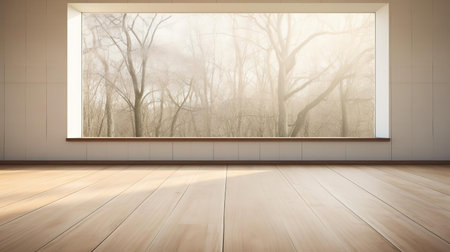 three empty frames cast playful shadows on a pristine white wood floor, capturing the essence of contemporary landscapes in vibrant light brown tones. inspired by the barbizon school, this photo embraces organic compositions and masterful solarization techniques for a captivating visual experience. ai generatedの素材