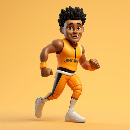 a vibrant 3d render of jackson in a playful cartoon style, showcasing his athleticism in a dynamic full-body pose. the image features a white background, highlighting the playful and energetic character design. ai generatedの素材