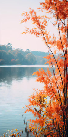 a breathtakingly serene lake, ablaze with vibrant autumn foliage, reflects its fiery hues onto the glassy surface. this hyper-realistic photo captures the peaceful solitude of the moment, with meticulous attention to warm tones, dynamic lighting, and intricate details. ideal for phone wallpapers. ai generatedの素材