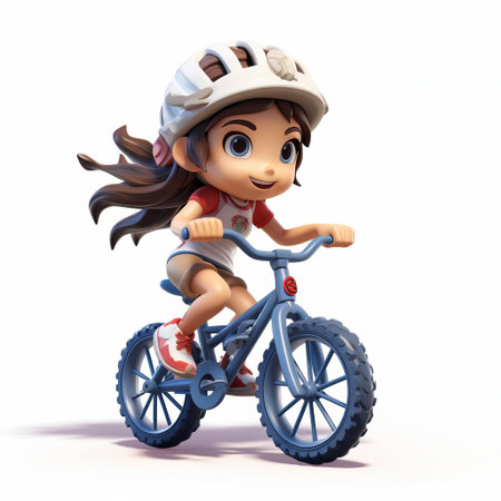 vibrant 3d render of abigail, a playful cartoon character, cycling gracefully against a pristine white background. her cheerful expression and colorful attire create a delightful visual impact. ai generatedの素材