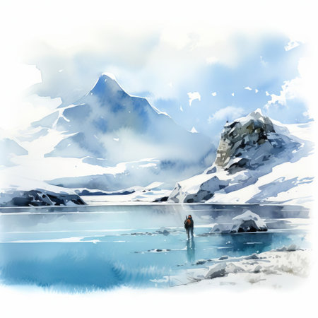 a mesmerizing watercolor artwork captures the vastness of the tundra landscape, featuring towering ice formations and delicate wildflowers bathed in the glow of the midnight sun. this intricate drawing by renowned artist thomas schaller evokes the raw beauty and unforgiving beauty of this remote wilderness. ai generatedの素材