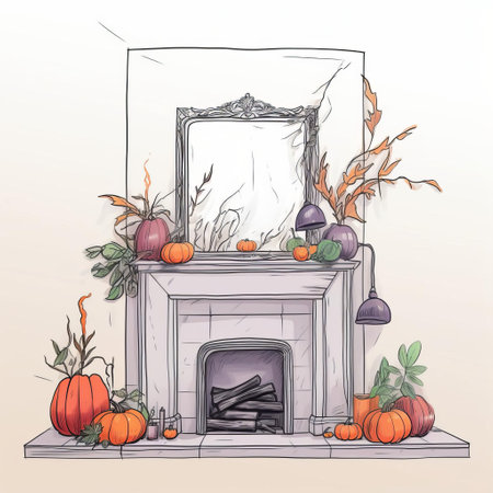 a captivating interior design sketch showcasing a spooky halloween setup. a vibrant plant stands beside a mantle adorned with eerie decorations, while a mirror above the fireplace reflects the eerie ambiance. the pristine white walls and front view capture the spooky essence of the holiday in this artistic rendition. ai generatedの素材