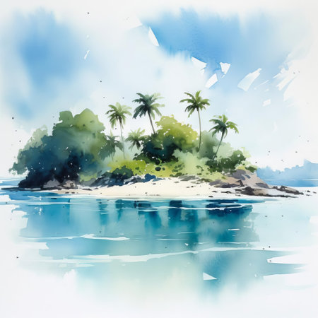 a captivating watercolor artwork featuring a serene island, meticulously captured by renowned artist thomas schaller. the gentle brushstrokes evoke the tranquility of the surrounding waters and the lush vegetation that blankets the island's shores. ai generatedの素材