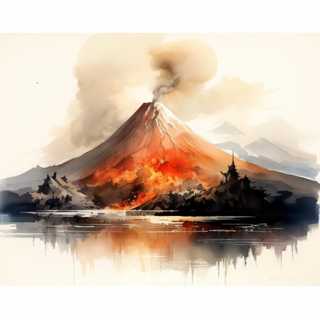 a captivating watercolor artwork showcases a majestic volcano, its towering peak piercing the clouds. artist thomas schaller's delicate brushstrokes capture the volcanic landscape in its raw beauty, showcasing the molten lava flowing down its slopes and the billowing smoke reaching towards the heavens. ai generatedの素材