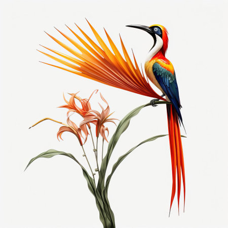 a majestic bird of paradise flower in full bloom, showcasing its vibrant colors and intricate details. this stunning flower is captured in a close-up, revealing its graceful petals and graceful stems against a pristine white background. ai generatedの素材
