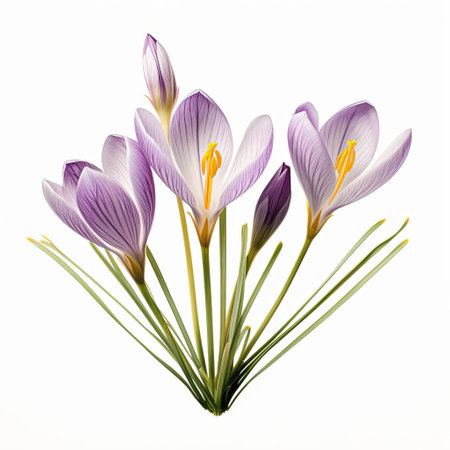 a stunning close-up photo of a majestic crocus flower in full bloom. its pristine white petals unfurl gracefully, revealing a vibrant yellow center. captured against a pure white background, the intricate details of this captivating bloom are showcased in meticulous detail. ai generatedの素材