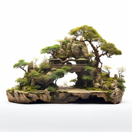 a majestic bonsai tree fills the frame, showcasing its vibrant foliage and intricate branching in a captivating section view. the pristine white background highlights the natural elegance and intricate details of this miniature masterpiece. ai generatedの素材