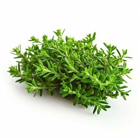 a vibrant green thyme plant, showcasing its full potential with lush foliage, captured in a close-up section view against a pristine white background. ai generatedの素材