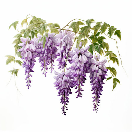 a stunning single wisteria bloom captured in a captivating section view. its delicate purple hues and graceful curves are beautifully showcased against a pristine white background. ai generatedの素材