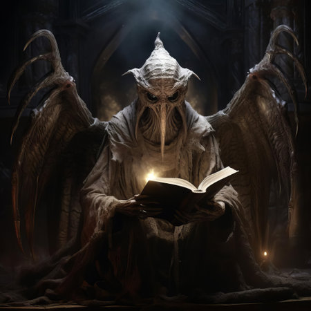 a grotesque creature emerges from the shadows, its eyes glowing with an unholy light. its twisted form is a horrifying fusion of nightmares, its pale skin and sharp claws hinting at forbidden knowledge awakened. ai generatedの素材