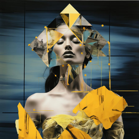 a mesmerizing photograph by mario sorrenti captures the essence of high renaissance aesthetics in a contemporary context. the image features a captivating interplay of contrasting geometries, where distressed color photocopies meet polished metallic surfaces. a glowing citrine pearlescent effect adds an ethereal luminescence, transforming the artwork into a polished metamorphosis. ai generatedの素材