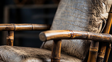 a captivating close-up of a vintage bamboo recliner, highlighting the unique interplay of natural grain, cracks, and peeling paint, revealing the inherent rustic elegance of this timeless piece. ai generatedの素材