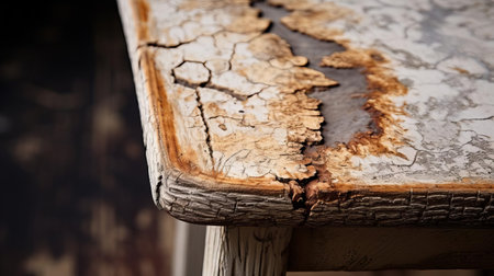 a captivating close-up of a vintage spandex end table, highlighting its unique imperfections, with visible grain, cracks, and peeling paint that evoke its rich history. ai generatedの素材