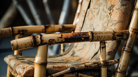 a captivating close-up of a vintage bamboo recliner, highlighting the unique interplay of natural grain, cracks, and peeling paint, revealing its rustic elegance. ai generatedの素材
