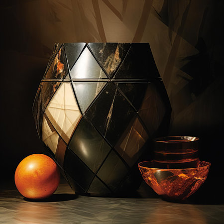 a mesmerizing photograph by mario sorrenti showcases a captivating interplay of contrasting geometries in a mixed media artwork. distressed color photocopies merge with polished, luminous surfaces, creating a mesmerizing metamorphosis. a glowing citrine pearlescent effect adds an ethereal glow to the composition. ai generatedの素材