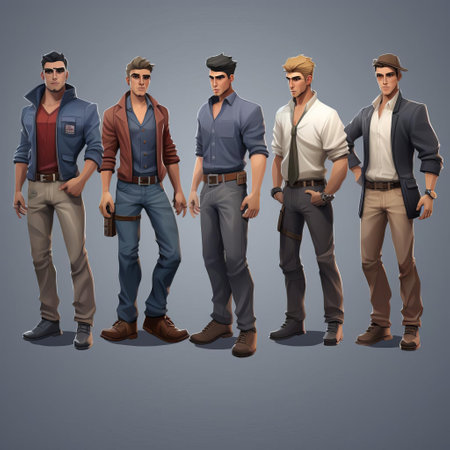 eight male casual game characters stand tall in full-length poses, each isolated against a solid grey background. their diverse attire and playful expressions showcase their casual appeal. ai generatedの素材