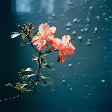 a solitary azalea blooms brightly against a deep blue wall in this vintage photograph. soft, natural light bathes the scene, while gentle film grain adds an analog touch to this timeless capture. ai generatedの素材