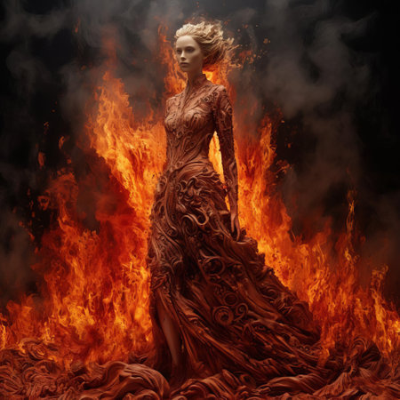 a captivating photograph showcasing a woman enveloped in flames, reminiscent of miley cyrus' ethereal style. meticulous attention to detail captures the intricate interplay of light and shadow, resulting in a mesmerizing installation art-inspired composition. ai generatedの素材