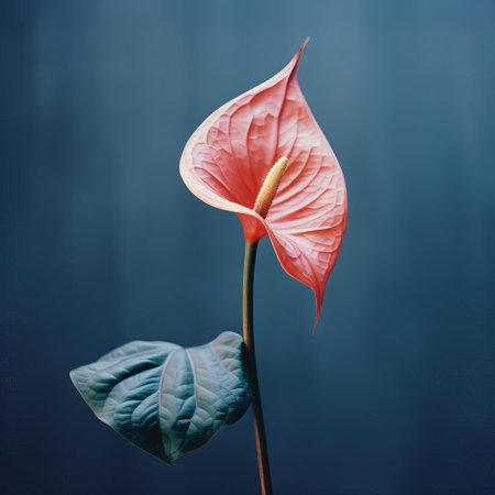 a vintage photograph of a solitary anthurium flower, its vibrant petals softly blurred by the gentle evening light. the background is a deep, velvety blue, while the photograph's analog qualities lend a touch of nostalgic film grain for a timeless aesthetic. ai generatedの素材