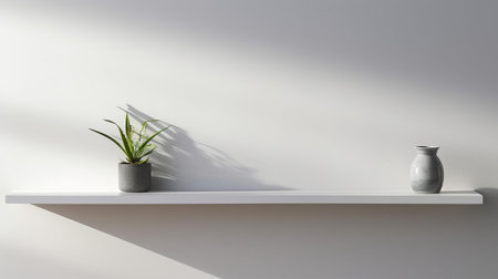 a sleek wall shelf casts dramatic shadows on a pristine white background, creating a minimalist and modern aesthetic. the pristine white floor and soft shadows add depth and visual interest to this captivating photo. ai generatedの素材
