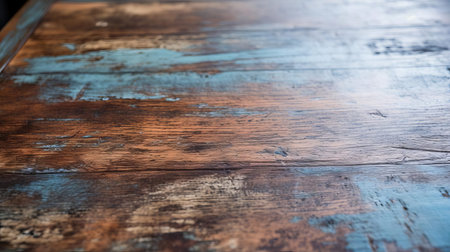 a captivating close-up of a vintage satin dining table, highlighting the intricate details of its natural grain, cracks, and peeling paint, revealing its rustic elegance. ai generatedの素材