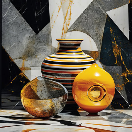 a mesmerizing photograph by mario sorrenti captures the interplay of contrasting geometries in a mixed media artwork. distressed color photocopies merge with polished, metamorphosis-inspired forms, bathed in a glowing citrine pearlescent effect that illuminates the piece's intricate details. ai generatedの素材
