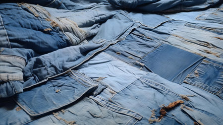 a captivating close-up of a denim bed, highlighting its weathered texture with visible grain, cracks, and peeling paint, revealing its timeless and rustic charm. ai generatedの素材