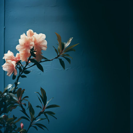 a vintage photograph showcasing a solitary rhododendron flower against a deep blue backdrop. soft, natural light bathes the flower in a gentle glow, while analog film grain adds a touch of nostalgic charm. ai generatedの素材