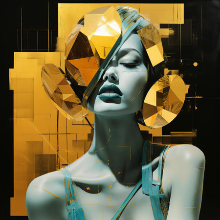 a mesmerizing photo merge by mario sorrenti, showcasing a fusion of contrasting geometries and mixed media art. distressed color photocopies transform into polished metamorphosis, while a glowing citrine pearlescent effect adds an ethereal glow to this futuristic composition. ai generatedの素材