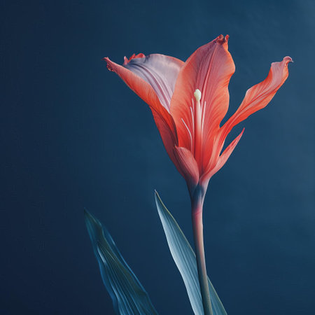 a mesmerizingly blurry photograph captures a solitary canna lily bathed in soft, natural evening light. the vibrant flower stands out against a backdrop of a deep blue wall, adorned with visible film grain for an authentic analog feel. ai generatedの素材