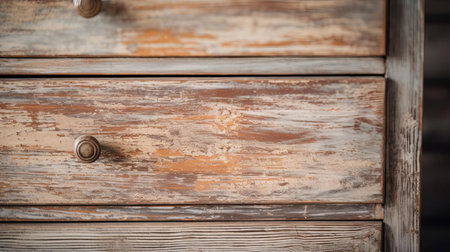 a captivating close-up of a vintage silk dresser, highlighting its weathered texture, with visible grain, cracks, and peeling paint, revealing its rich, rustic charm. ai generatedの素材