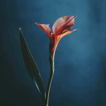 a mesmerizing blur of a single canna lily blooms against a deep blue wall, bathed in the gentle glow of the setting sun. the photograph captures the ethereal beauty of analog photography with visible film grain and a soft, dreamlike quality. ai generatedの素材
