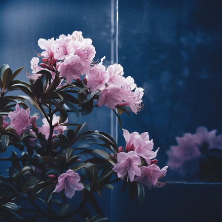 a mesmerizing photograph capturing a solitary rhododendron bathed in soft evening light. the image features a blurred aesthetic with visible film grain, creating a nostalgic and atmospheric vibe against the backdrop of a dark blue wall. ai generatedの素材