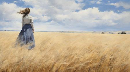windswept fields dance in vibrant greens and golden hues, capturing the vastness of a midwest grassland in a breathtaking painting style reminiscent of andrew wyeth. ai generatedの素材