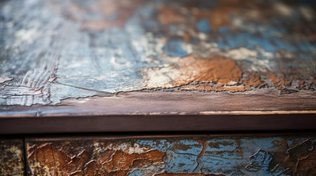 a captivating close-up of a vintage spandex end table, highlighting its unique natural grain, cracks, and peeling paint, revealing its rustic elegance. ai generatedの素材