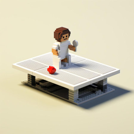 a vibrant 3d pixel art depiction of harper, showcasing their full body in action during a thrilling table tennis match. the artwork features bold 8-bit colors and a white background, capturing the intensity and excitement of the game. ai generatedの素材