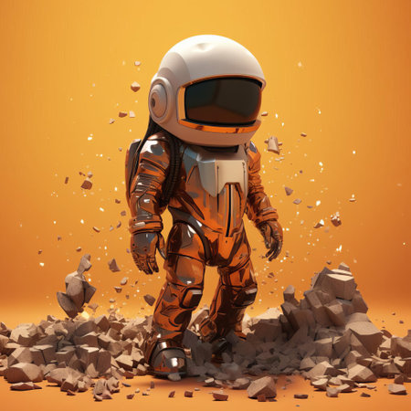 a futuristic software developer in a specialized rust suit stands amidst a breathtaking natural landscape. their attire is adorned with advanced materials, reflecting a clash of cultures and styles. this vibrant cartoon artwork features a low-poly, low-detail isometric render with a documentary-inspired vibe. ai generatedの素材
