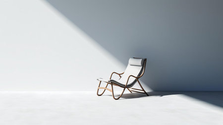 a sleek lounge chair casts dramatic shadows on a pristine white background. the minimalist setting and soft lighting create a serene and modern atmosphere in this captivating photo. ai generatedの素材