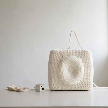 a captivating still life photo showcasing a stunning ivory-hued knitted speaker, gracefully resting amidst the pristine expanse of an empty white space. ai generatedの素材