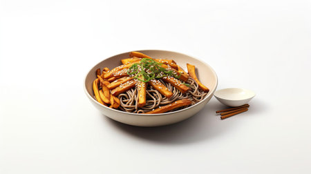 a captivating photo showcasing a delectable soba noodles meal, where thick black noodles dance gracefully in a dark grey bowl. accompanied by crispy fries and a refreshing soda, this visual treat is sure to tantalize your taste buds. ai generatedの素材