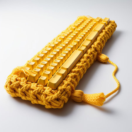 a captivating still life photo showcasing a vibrant gold knitted keyboard resting amidst pristine white emptiness. the intricate details of the woven fibers and the soft glow of the illuminated keys create a visually stunning composition. ai generatedの素材