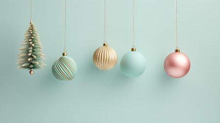 vibrant wooden christmas decor takes center stage against a serene turquoise backdrop. soft, muted tones of light pink and gold embrace the natural beauty of fir branches, creating a minimalist and elegant holiday scene on a shaped canvas. ai generatedの素材